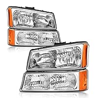 2003 2004 2005 2006 Chevy Silverado Headlights Assembly for 03 04 05 06 Chevy Silverado Avalanche 1500/2500/3500 Chrome Housing Amber Reflector Clear Lens Replacement Driver and Passenger Side