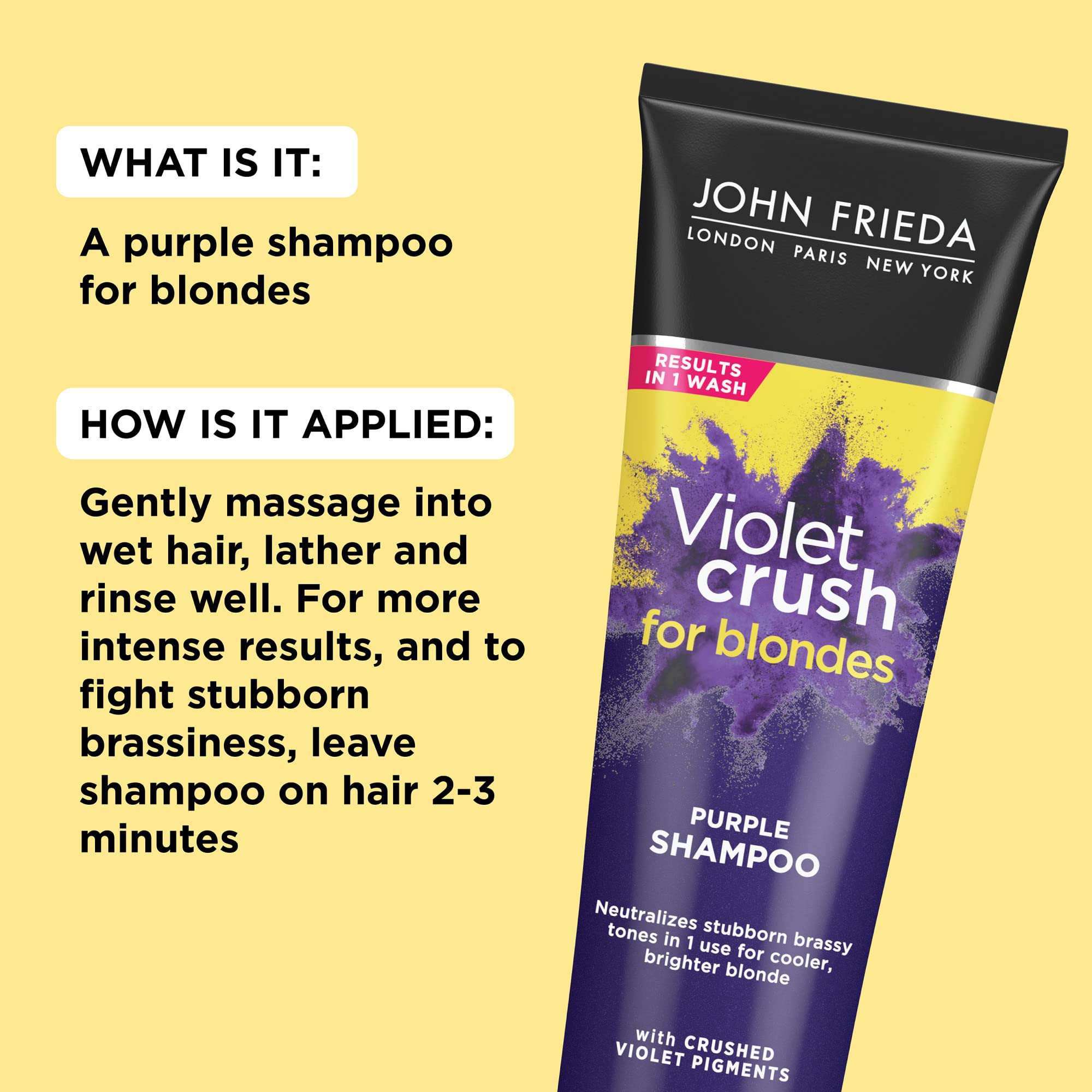 John Frieda Violet Crush Purple Shampoo for Blonde Hair, Blonde Toner Neutralizes Brassy Yellow Tones for Bleached, Platinum, and Natural Blonde Hair, 8.3 Ounce