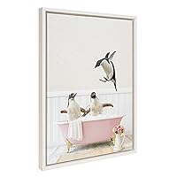Kate and Laurel Sylvie Penguins Playing in Cottage Rose Bath Framed Canvas Wall Art by Amy Peterson Art Studio, 18x24 White, Modern Fun Decorative Bathtub Wall Art for Home Décor
