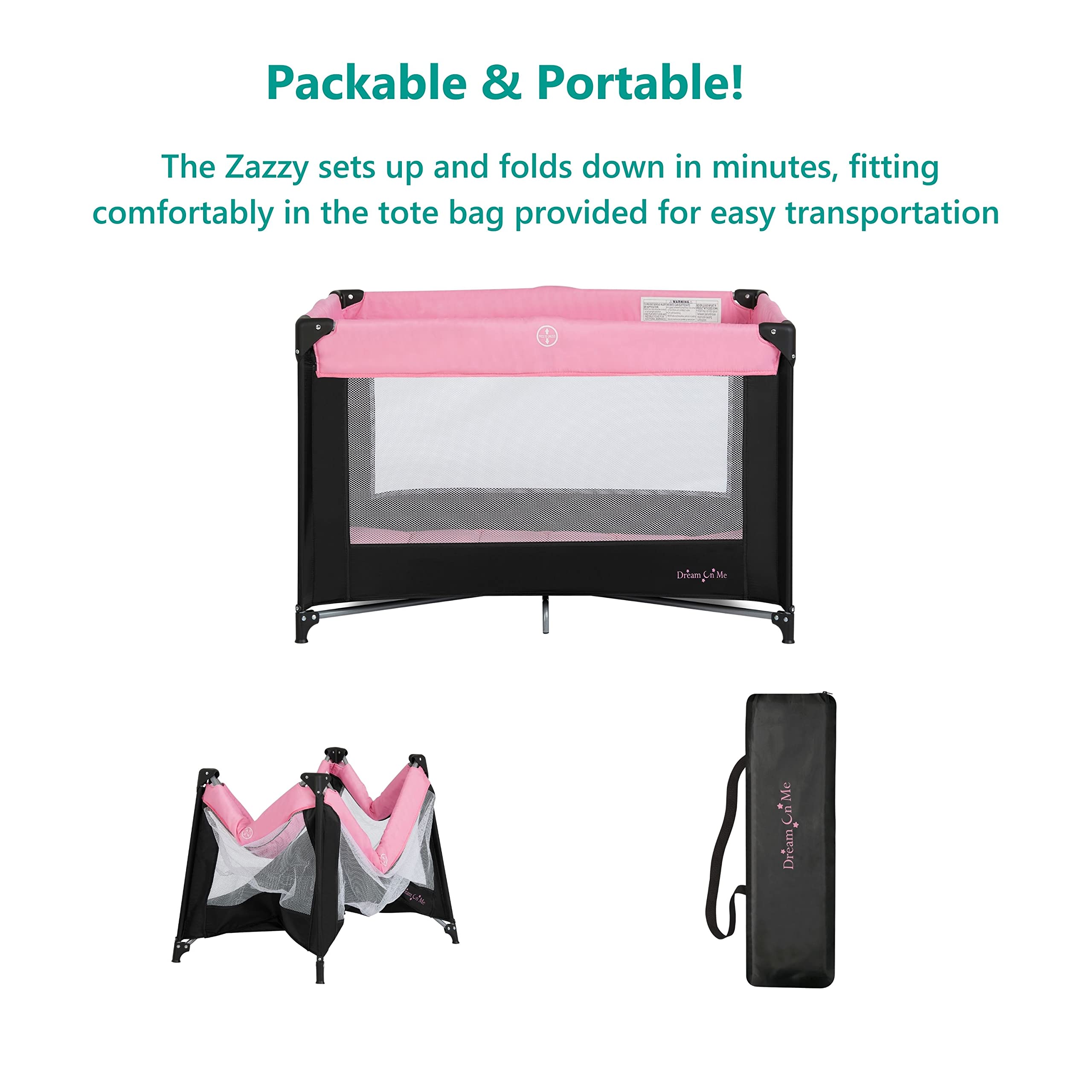 Dream On Me Zazzy Portable Playard with Bassinet in Pink, Packable and Easy Setup Baby Playard, Lightweight and Portable Playard for Baby with Mattress and Travel Bag
