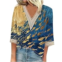 3/4 Sleeve Shirts for Women V Neck Crochet Lace Tops Boho Summer Tops Elbow Sleeve Hawaiian Blouses Vacation Outfits
