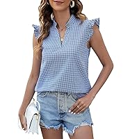 Floerns Women's Striped Notched V Neck Ruffle Cap Sleeve Blouse Tops
