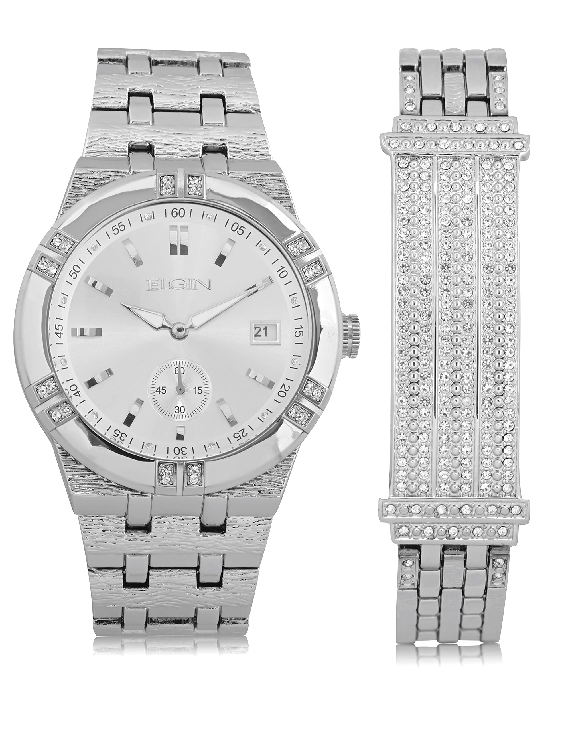 Elgin Men's Silver-Tone Analog Watch with Crystal Accents (Model FG170010STAZ)