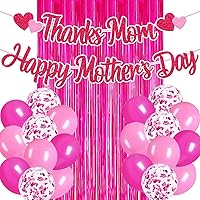 Happy Mothers Day Decorations Thanks Mom Happy Mother's Day Banner Heart Love Themed Party Decor for Women Happy Mother's Day Rose Red Foil Curtains Backdrop Balloons Celebration Supplies