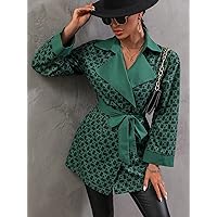 Women's Fashion Jacket Geo Print Drop Shoulder Belted Coat Jacket Fashion (Color : Dark Green, Size : X-Large)