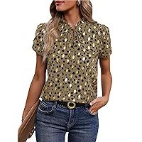 OYOANGLE Women's Casual Bow Tie Neck Gold Polka Dots Print Short Sleeve Work Blouse Top