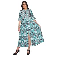 Printed Roll Up Sleeve Long Kurti Front Slit Tunic Dress for Women