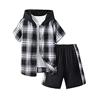 OYOANGLE Boy's 2 Piece Outfits Casual Short Sleeve Plaid Print Button Down Hooded Shirt Top and Shorts Set