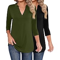 2 Pack Women's V Neck Tops, 3/4 Sleeve Summer Casual Shirts Loose Fitted Business Work Blouses Ladies Tunic Tee