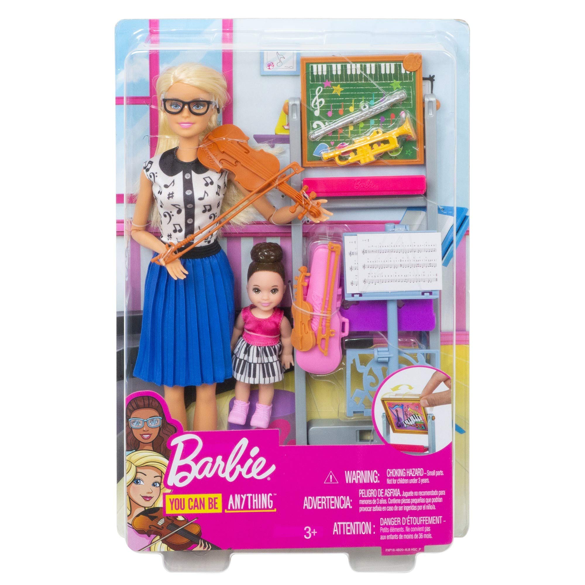 Barbie Music Teacher Doll, Blonde, and Playset with Flipping Chalkboard, Brunette Student Small Doll and 4 Musical Instruments, Career-Themed Toy for 3 to 7 Year Old Kids​​​