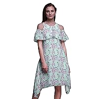 Bimba Moss Georgette Printed Women’s Chic Style Cold Shoulder Tunic Party Round Neck Shift Dress
