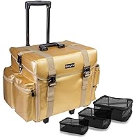SHANY Makeup Artist Soft Rolling Trolley Cosmetic Case with Free Set of Mesh Bag Makeup Organizer - Travel Rolling Makeup Bag - Gold Medal
