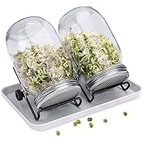 Sprouting Jar Kit, 2 Wide Mouth Mason Jars with Stainless Steel Strainer Lids Stands and Tray Germinator Set, Indoor Seed Sprouter Jar Kit for Growing Broccoli Beans