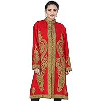 Ribbon-Red Chain-Stitch Long Jacket from Kashmir with Hand-Embroidered Giany Paisleys
