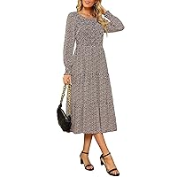 Maggeer Women Fall Long Sleeve Smocked Bodice and Cuffs Floral Tiered Midi Dress with Pockets