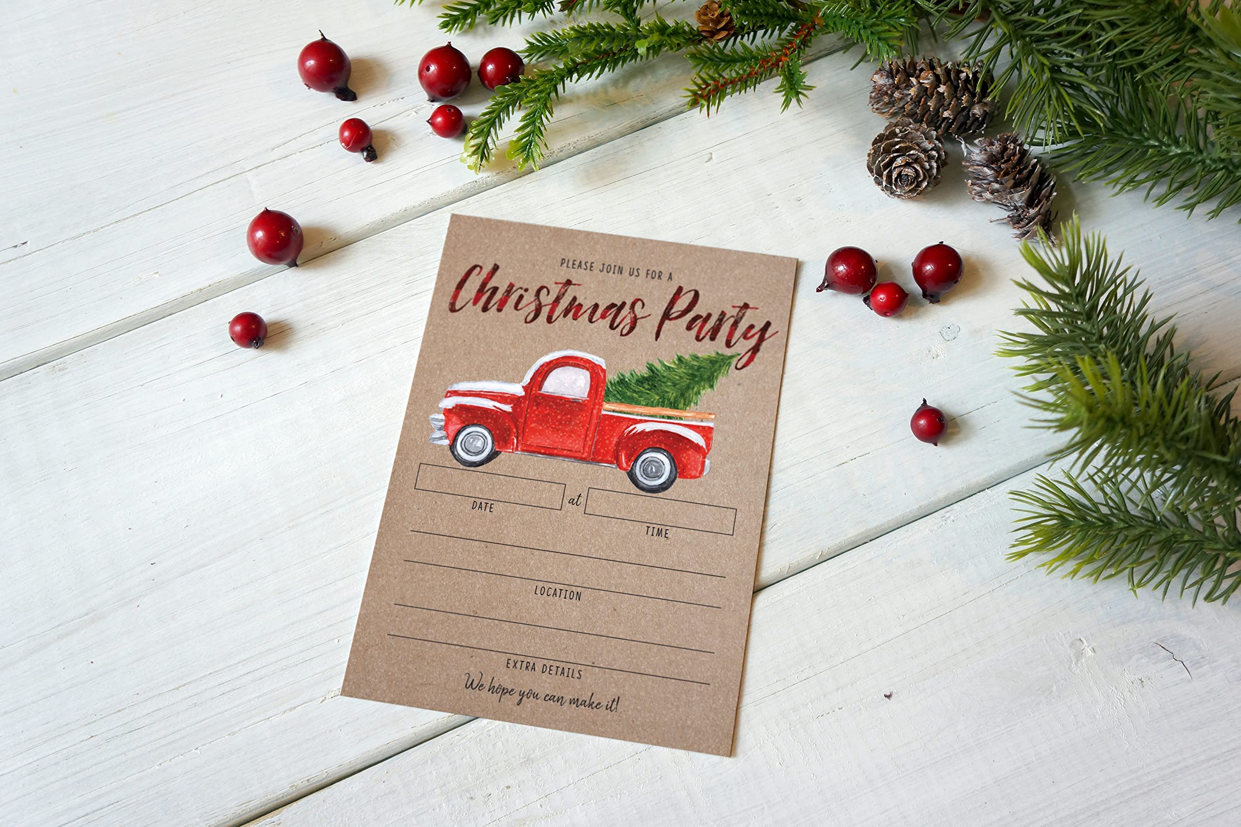 Your Main Event Prints Rustic Christmas Party Invitation with Red Truck and Christmas Tree, Holiday Party Invite, Christmas Party, Holiday Party Invitations, 20 Fill in Invitations and Envelopes