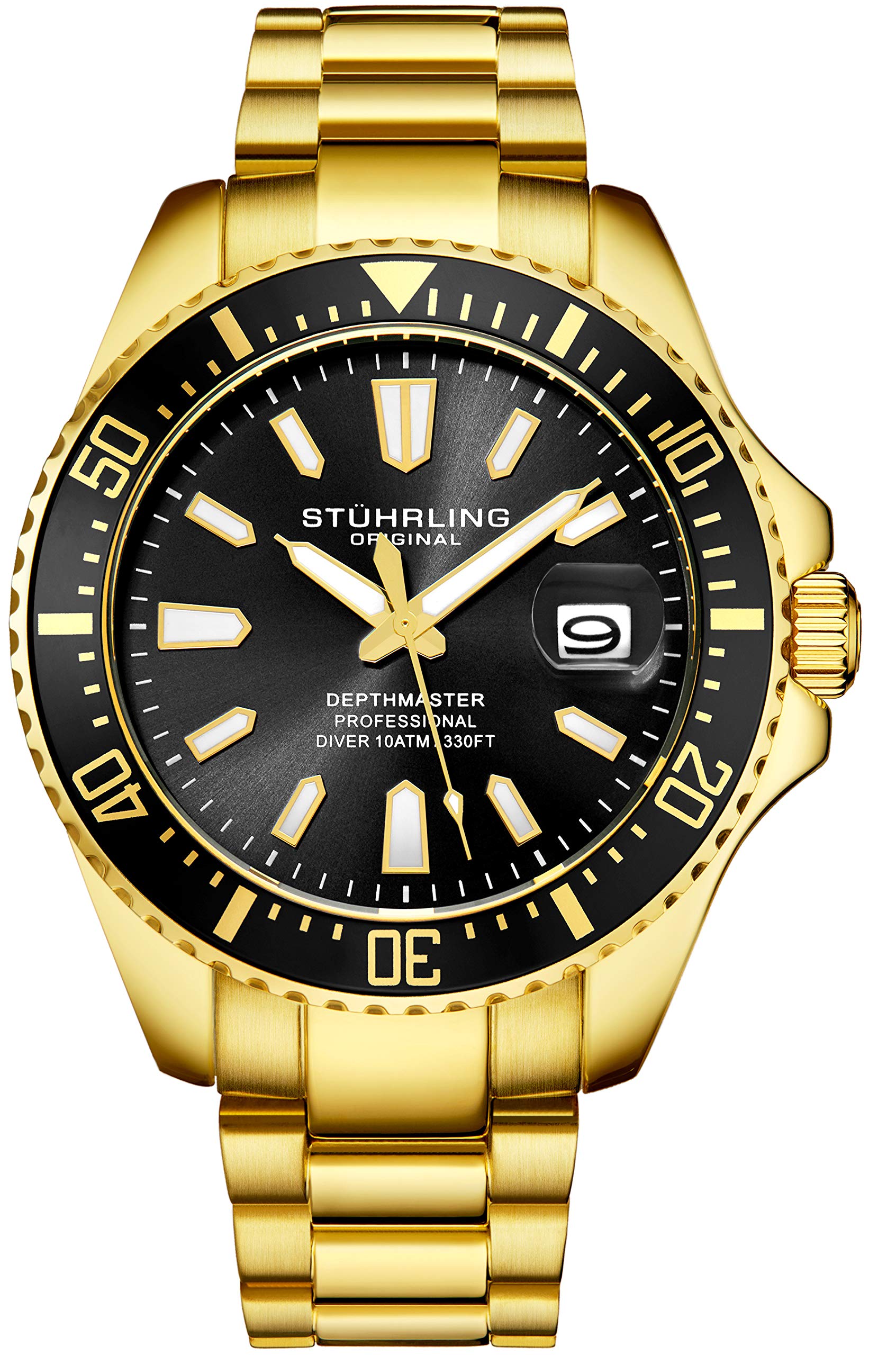 Stuhrling Original Men's Watches Dive Watch Black Dial 42MM Silver Stainless Steel Bracelet Water Resistant to 330 FT