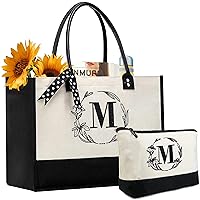 Initial CanvasTote Bags Personalized Birthday Gift for Women, Embroidery Monogram with Leather Handle