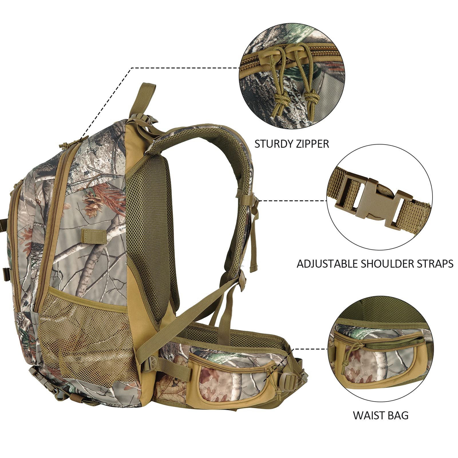 AUMTISC Camo Hunting Backpack with Rifle Holder and Waterproof Rain Cover, Outdoor Day pack Hiking Bag for Rifle Gun Bow, Travel Packs for Camping Climbing,Camouflage