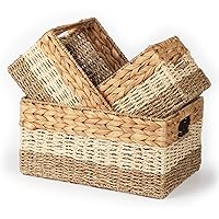 Wicker Storage Baskets, 13 Inch Set of 3 Mixed Weave Baskets For Shelves, Water Hyacinth Pantry Baskets, Seagrass Baskets, Pantry Basket, Baskets For Books, Toys, Towels