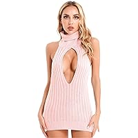 Womens Sexy Knitted Turtleneck Dress Keyhole Backless Mini Bodycon Dress Stripper Clubwear