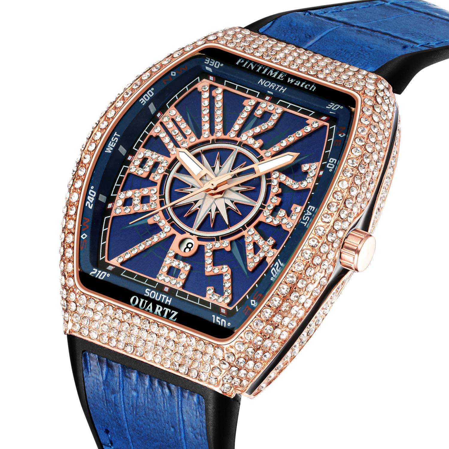 PINTIME Luxus-Herren-Armbanduhr mit Kristall-Diamanten, Tonneau, modisch, glitzernd, wasserdicht, Quarz, analoge Armbanduhr für Herren, Lederband, Hip Hop Rapper