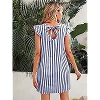Women's Dress Tie Back Ruffle Armhole Striped Dress Dress for Women (Color : Blue and White, Size : Large)