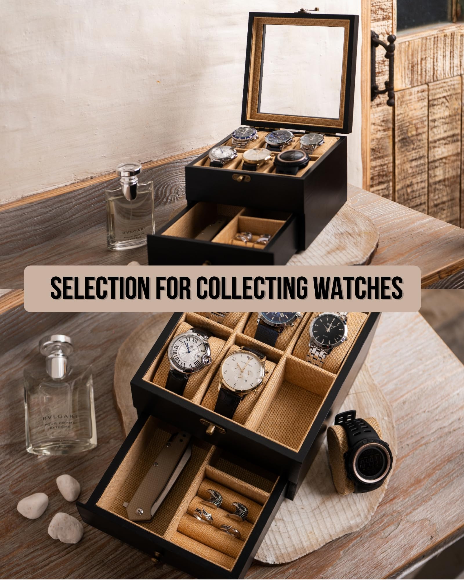 Exper City Watch Box Case Organizer Display Storage with Jewelry Drawer for Men Women Gift, Black Burlywood C46XVF6X 9S61W35D