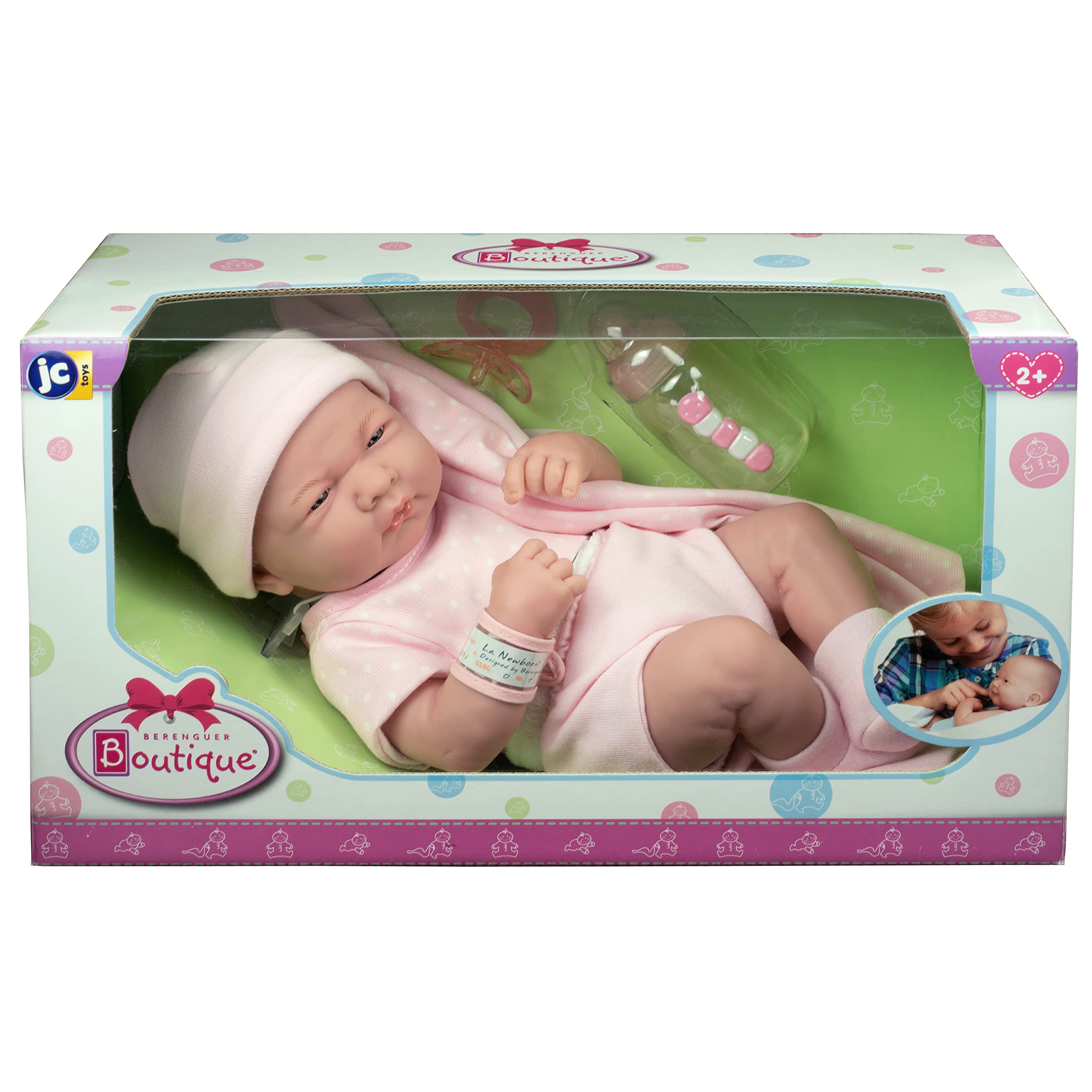 JC Toys 18541 La Newborn Boutique 14 Inch Doll, 9 Piece Set, Real Girl in Pink