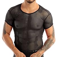 iiniim Men's Fitted Short Sleeve Muscle Top T-Shirt Workout See Thru Undershirt Grid Mesh Fishnet Clubwear