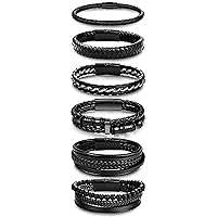 SAILIMUE 6Pcs Black Leather Bracelets for Men Women Braided Leather Mens Bracelet Wristband Cuff Bracelets Set