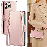 Antsturdy for iPhone 12 Pro Max Wallet case Women Men 【RFID Blocking】,PU Leather Apple iPhone 12 Pro Max Crossbody Phone case Zipper with Wrist Strap Flip Folio Cover Credit Card Holder,Rose Gold