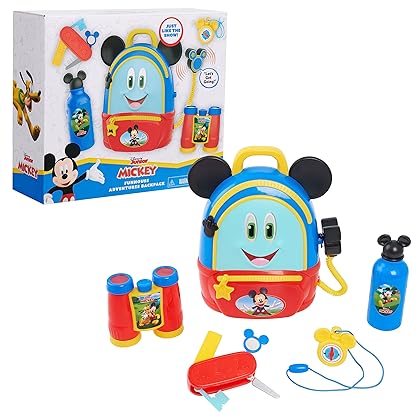 Disney Junior Mickey Mouse Funhouse Adventures Backpack, 5 Piece Pretend Play Set with Lights and Sounds Accessories, by Just Play