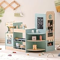 ROBOTIME Kids Grocery Store Playset, Wooden Pretend Play Supermarket with Checkout Counter, Vending Machine Toy, Kids Coffee Maker & Cuting Food, Grocery Store Pretend Play for Toddler Boys Girls