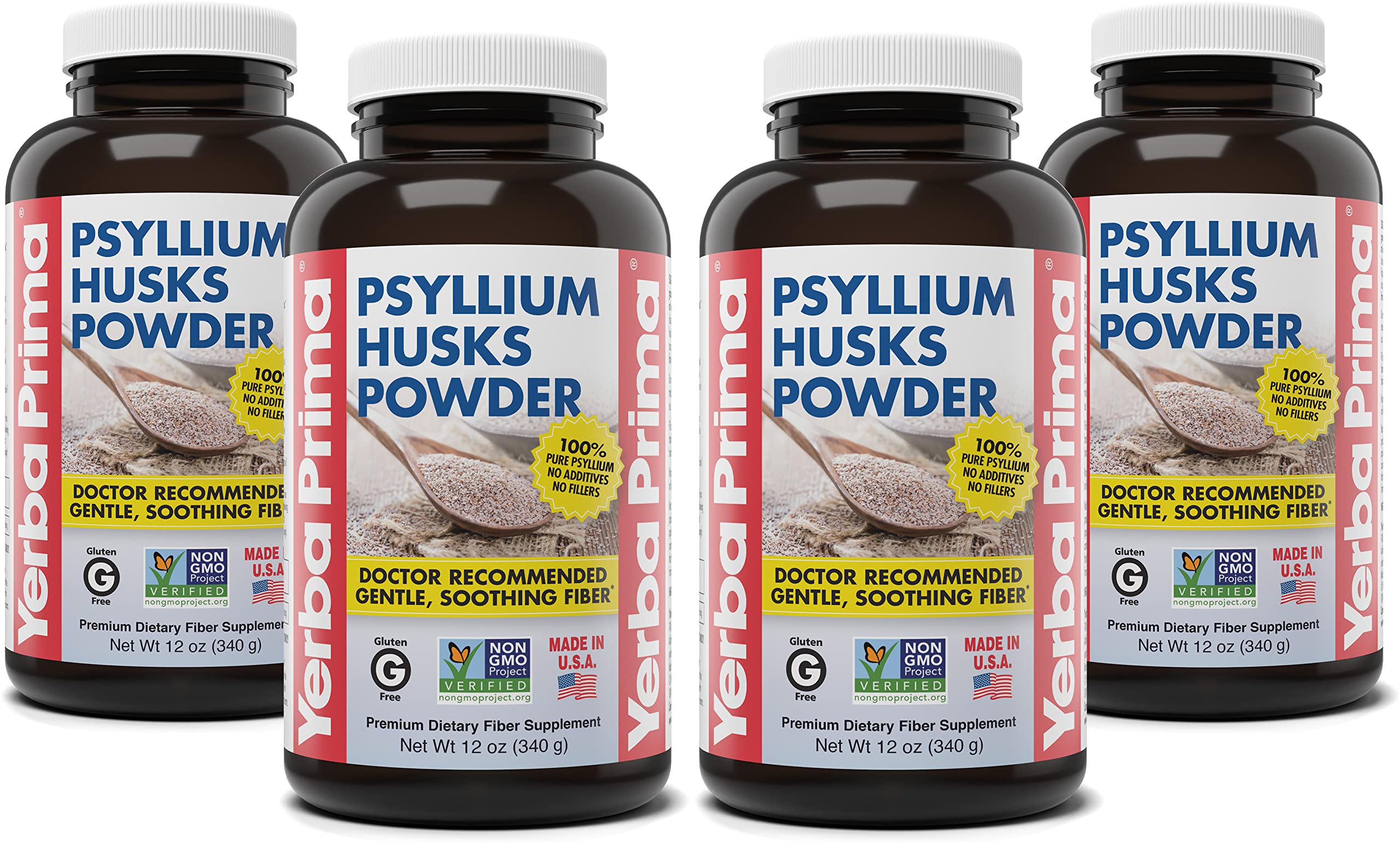 Yerba Prima Psyllium Husks Powder - 12 oz (Pack of 4) - Natural Fiber Supplement - Colon Cleanse - Gut Health - Vegan, Non-GMO, Gluten-Free (New Label - Packaging May Vary)