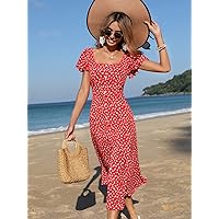 Women's Dress Ditsy Floral Print Button Front Butterfly Sleeve Dress Summer Dress (Color : Red, Size : X-Small)