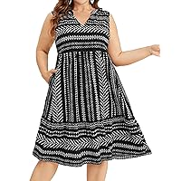 Plus Size Dress for Women Geometric Striped A-Line Sleeveless Tank Dress Summer Casual Beach Sundress with Pocket