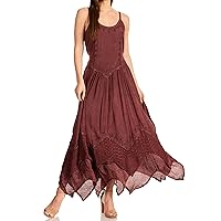 Sakkas Rayon Embroidered Stonewashed Adjustable Spaghetti Straps Long Dress