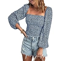 BTFBM Women Casual Long Sleeve Shirts Top 2023 Summer Fall Off Shoulder Tops Square Neck Floral Boho Smocked Blouses