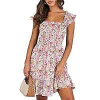 ANRABESS Womens Summer Casual Sleeveless Square Neck Smocked Ruffle Backless Boho Mini Dress 2024 Trendy Short Sundress
