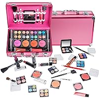 Carry All Makeup Train Case with Pro Makeup Set, Makeup Brushes, Lipsticks, Eye Shadows, Blushes, Powders, and more - Reusable Makeup Storage Organizer - Premium Gift Packaging - Pink