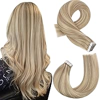 Moresoo Tape in Extensions Blonde Human Hair Extensions Tape in Honey Blonde Highlighted Medium Blonde Tape in Hair Extensions Real Human Hair Seamless Hair Extensions Glue in 22inch #P16/22 20pcs 50g