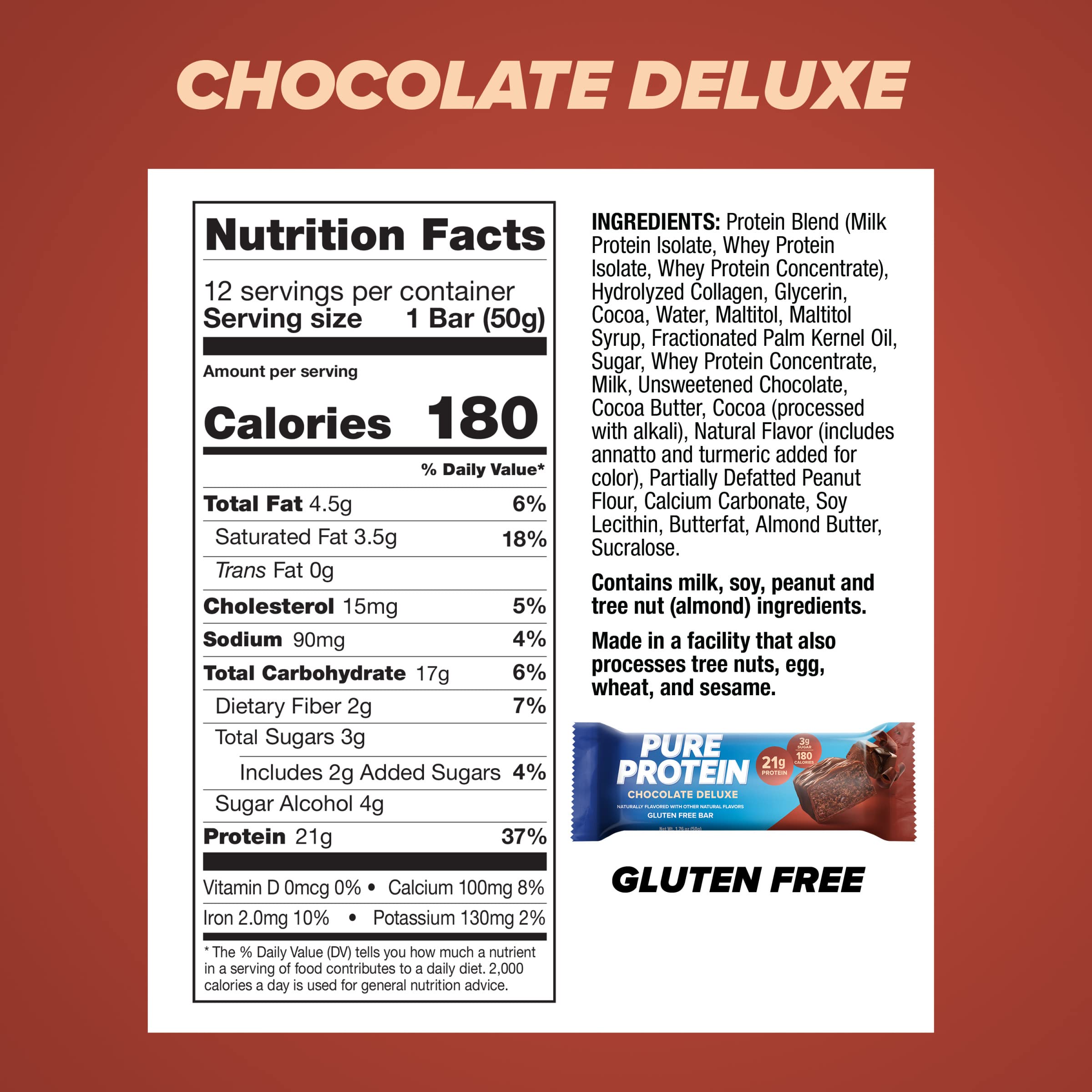 Pure Protein Bars, High Protein, Nutritious Snacks to Support Energy, Low Sugar, Gluten Free, Chocolate Deluxe, 1.76 oz., 12 Count(Pack of 1) (Packaging may vary)