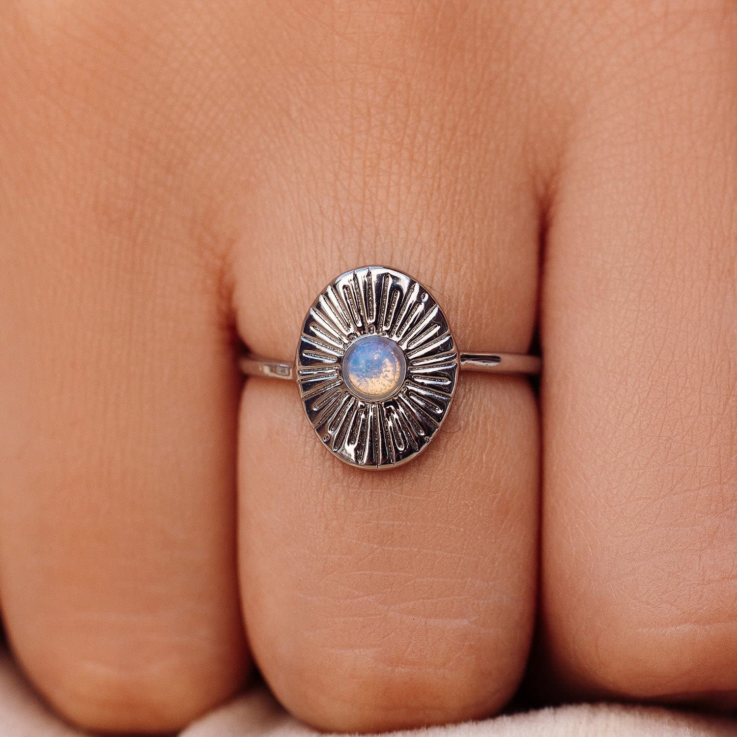Pura Vida Ring Silver or Gold Plated Sun Ray Ring - Handmade Ring with Glass Opal Stone, Brass Base with Rhodium or Gold Plating - Cute Rings for Teen Girls, Boho Jewelry for Women - Size 5-9