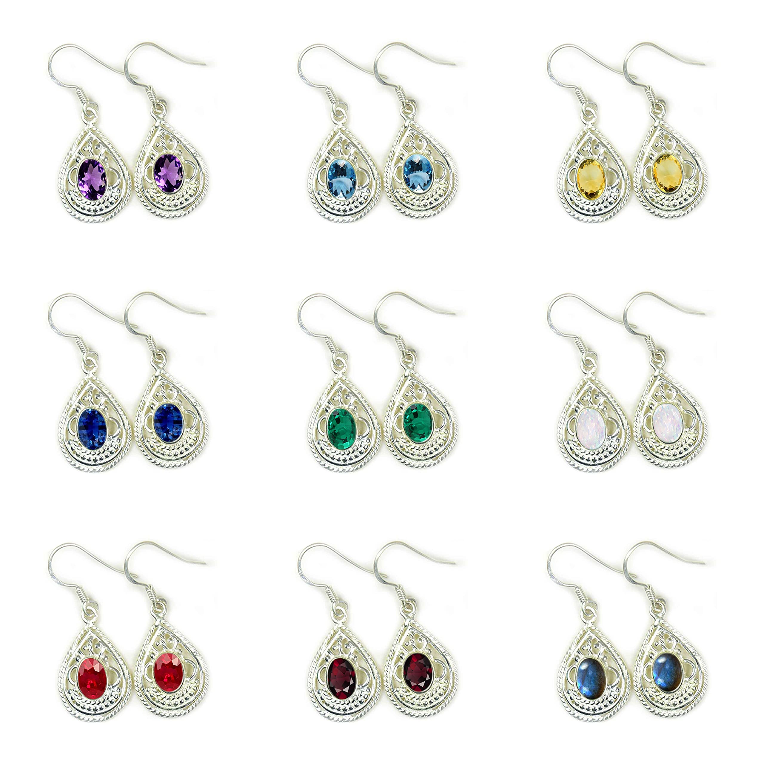 SURYAGEMS Choose Your Oval Shape Gemstone Drop & Dangle Earring 925 Sterling Silver Solitaire Fish Hook Earrings Chakra Healing Birthstone Gift Jewelry For Women Girls