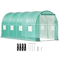 VEVOR Walk-in Tunnel Greenhouse, 14.8 x 6.6 x 6.6 ft Portable Plant Hot House w/ Zippered Door, 8 Roll-up Windows, Galvanized Steel Hoops, 1 Top Beam, and 2 Diagonal Poles, Green
