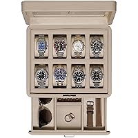 ROTHWELL Luxury Watch Box for 8 Watches - PU Leather Watch Box with Real Glass Lid - Extendable Accessory Drawer with Multiple Compartments (Oatmeal)