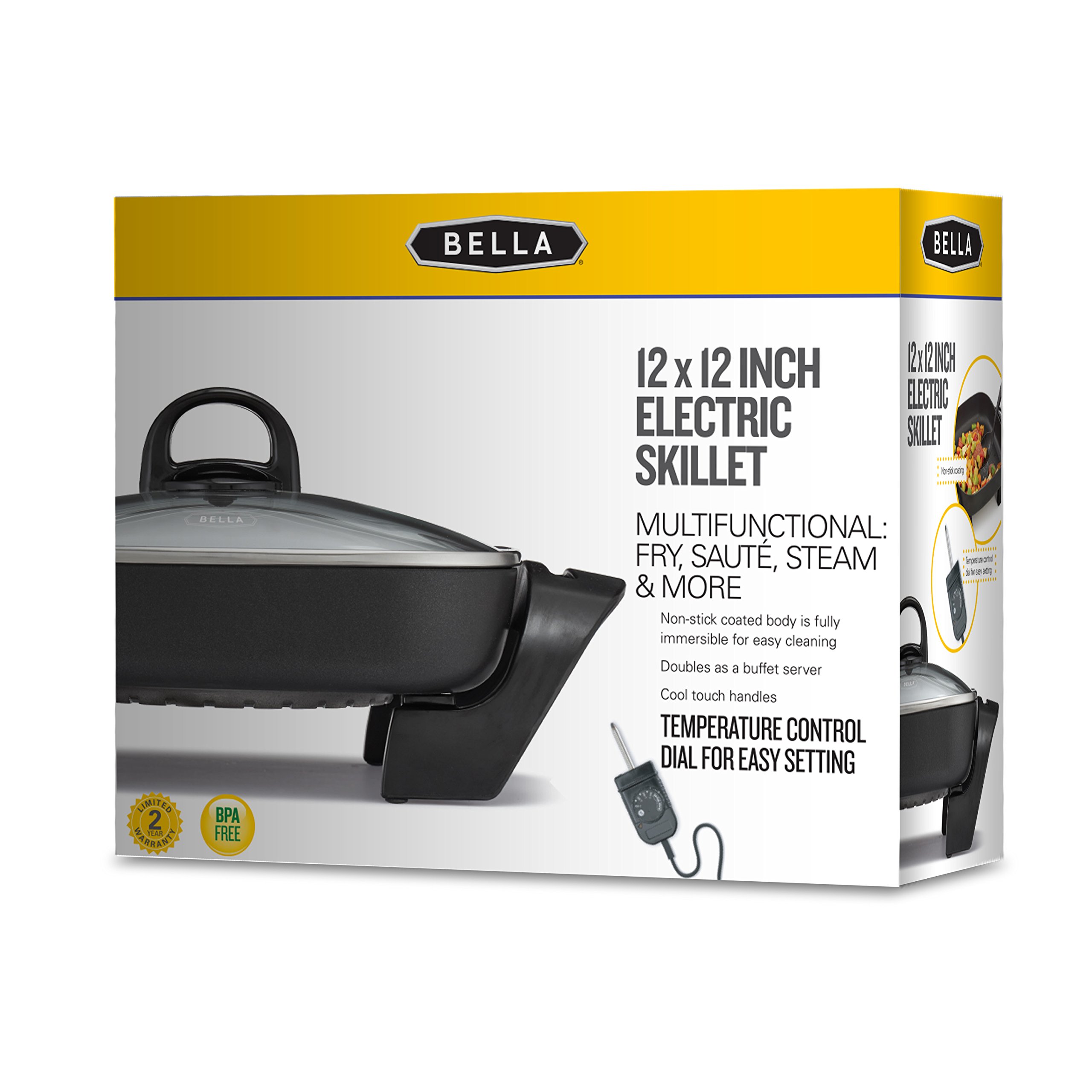 BELLA Electric Skillet and Frying Pan with Glass Lid, Nonstick Coating, Cool Touch Handles, Removable Heating Probe, Dishwasher Safe, 12 x 12 inch, Black