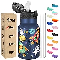 Kids Water Bottle with Straw Lid - Insulated Stainless Steel Reusable Tumbler for Toddlers,Girls,Boys,Thermo Mug,12oz,Cosmic Animals