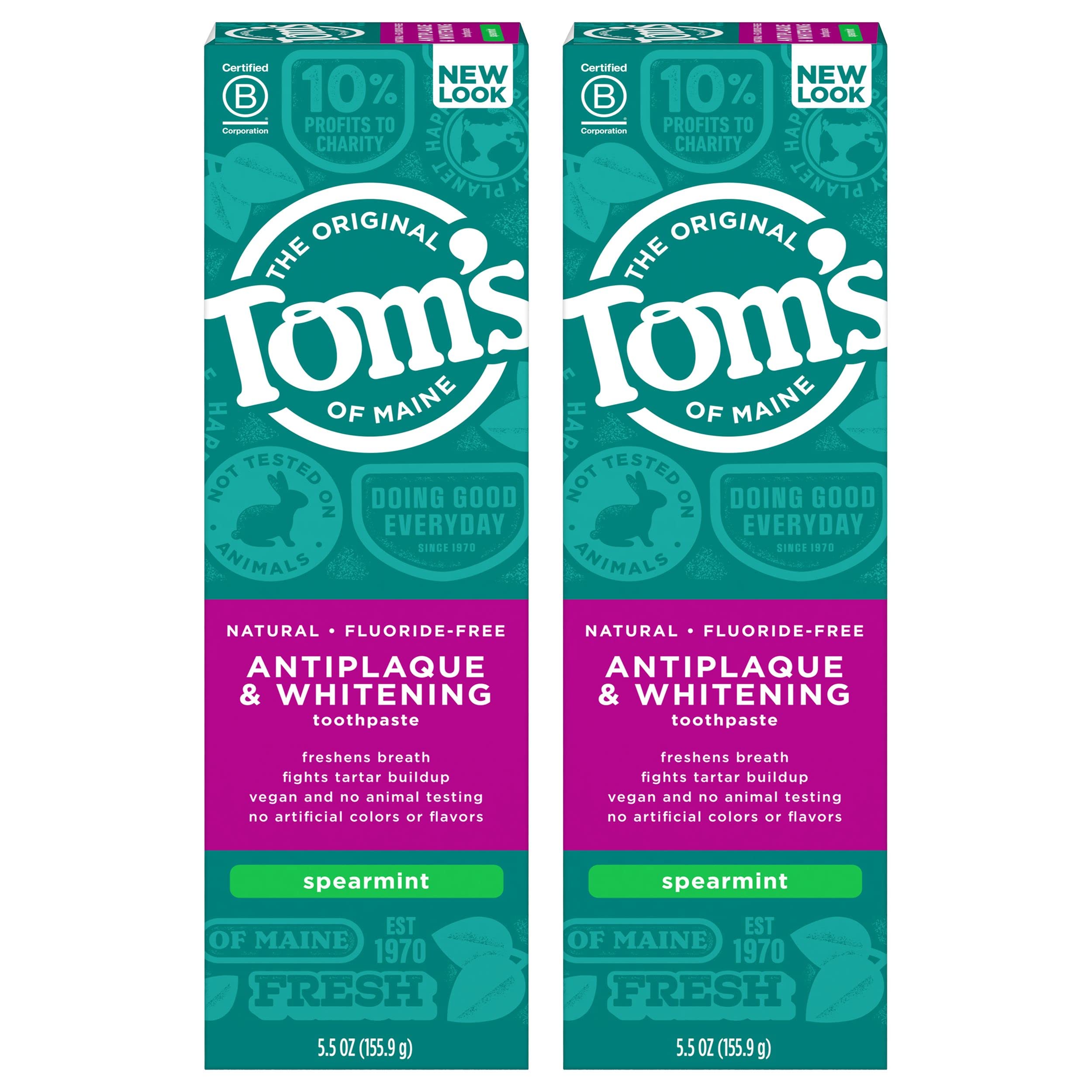 Tom's of Maine Fluoride-Free Antiplaque & Whitening Natural Toothpaste, Spearmint, 5.5 oz. 2-Pack (Packaging May Vary)